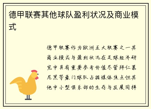 德甲联赛其他球队盈利状况及商业模式